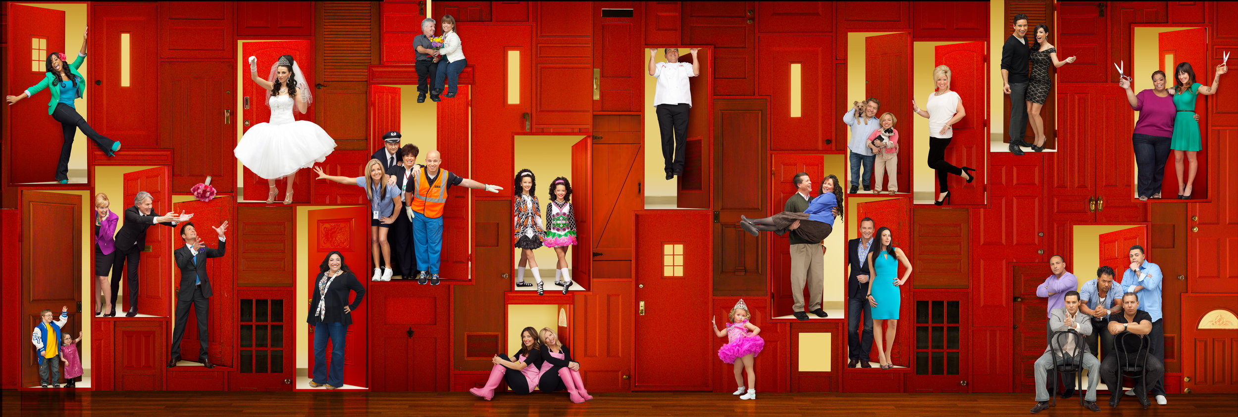  Key art with interchangeable talent, shot separately, standing in the doorways. 