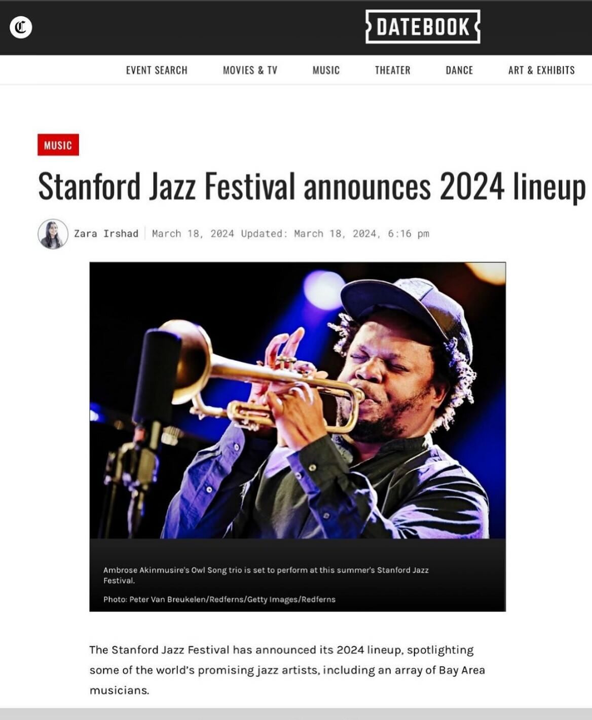 @stanfordjazz featured in the @sfchronicle (!!!) with an announcement about our 2024 festival concert series! The SJW team has been hard at work on this for months, so it&rsquo;s amazing to see the fruits of our labor. Big shout out to @corycombs823 