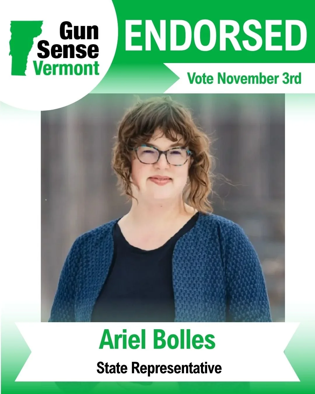  Gun Sense Vermont endorsed, vote November 3, Ariel Bolles State Representative 