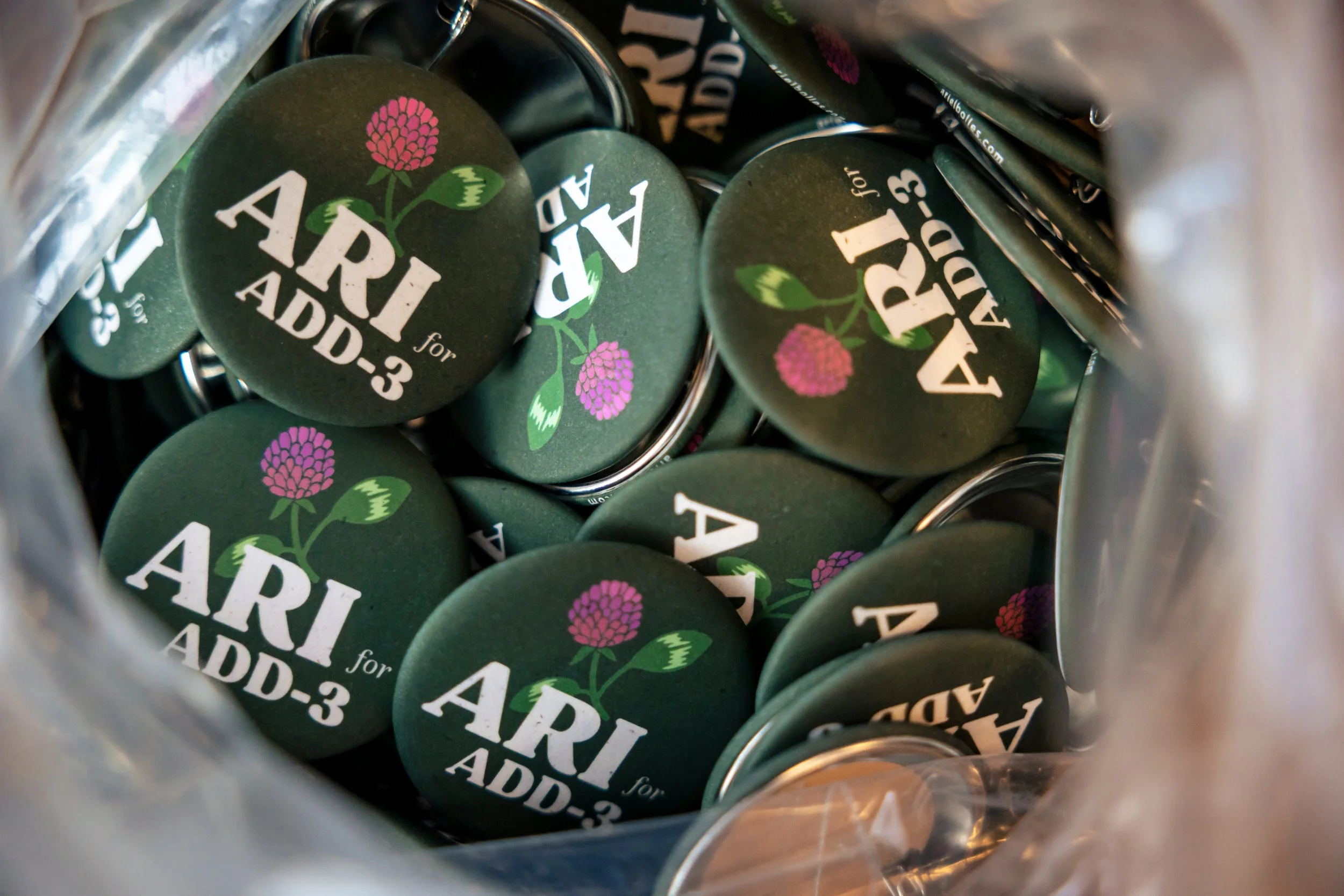 Green campaign buttons that say "Ari for Add-3"