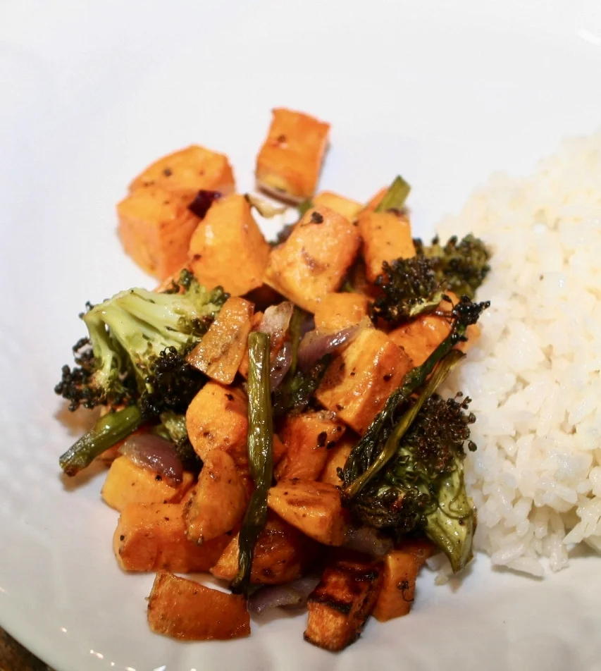 Roasted Sweet Potatoes, Onions, Broccoli and Asparagus