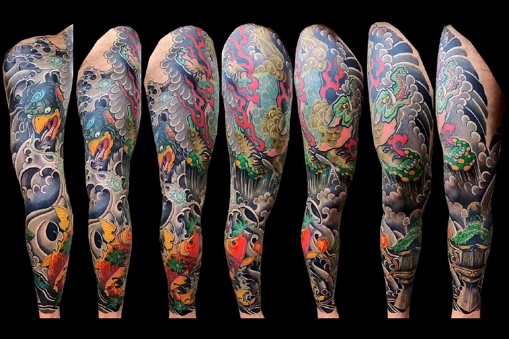 A multi-angle view of a full-sleeve Japanese Irezumi tattoo depicting a green Kappa, and an orange and red carp.