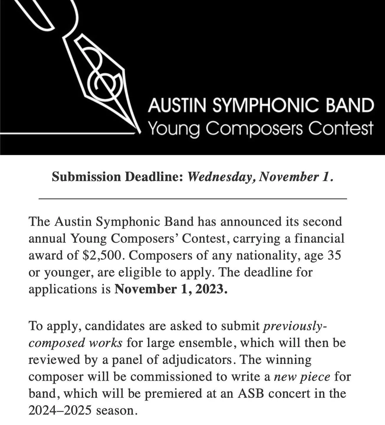 Calling all Young Composers! Deadline for submission is Wednesday, November 1.  For details concerning entry requirements, applications, submission of scores and recordings, references and other matters, refer to our homepage link in our bio!

#young