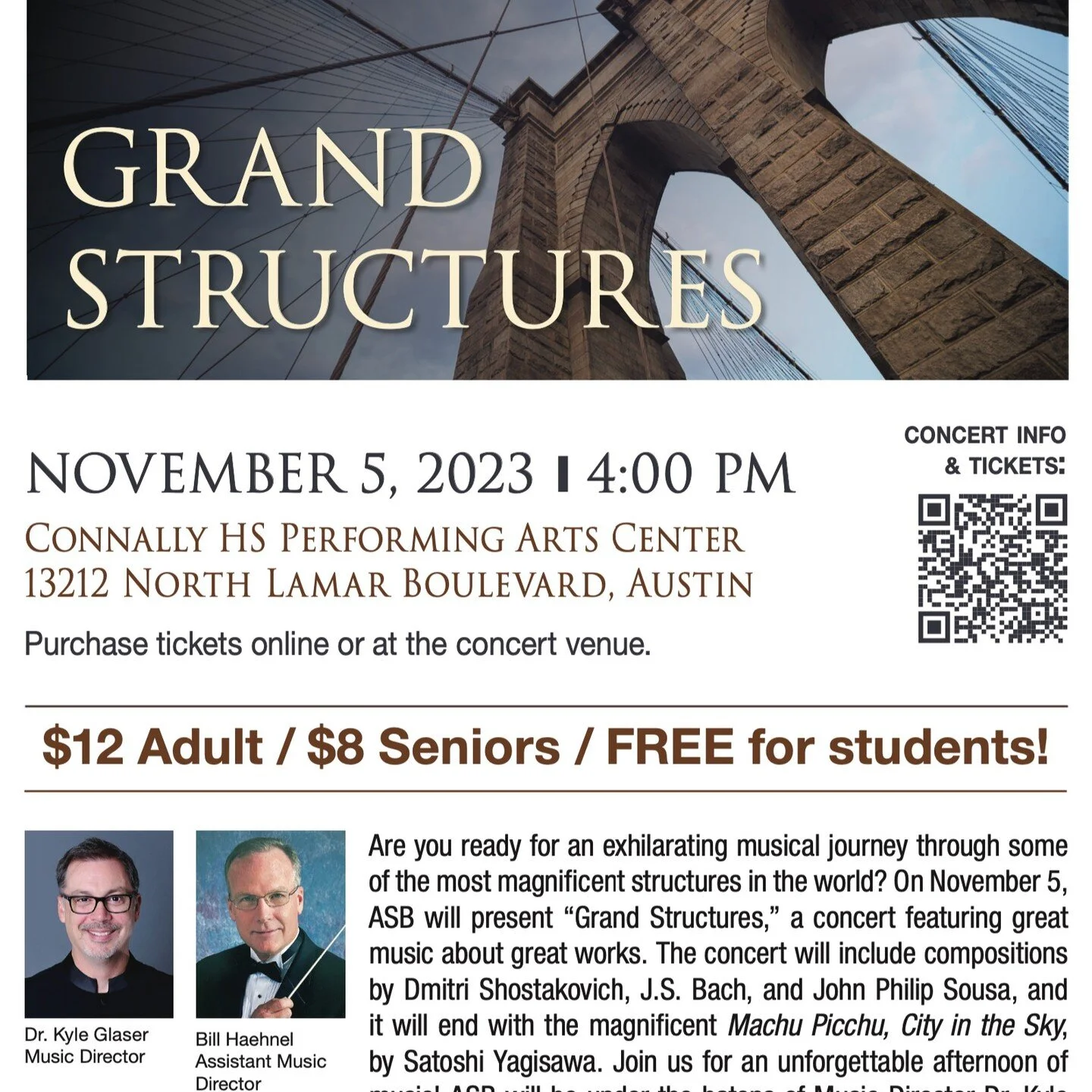 Mark your calendars! ASB's first indoor concert of our season is November 5! We would love to see you there! 

#atxsymphonicband #musicforallgenerations #grandstructures #communityinconcert #classicalmusic #livemusic #bandmusic #concertband #band #ba