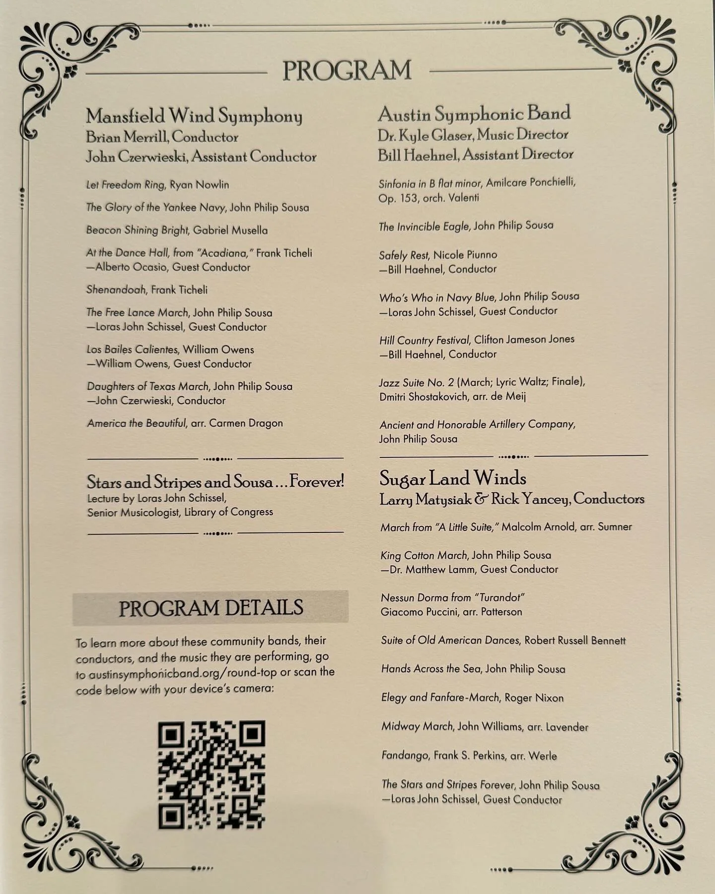 Today in Round Top!!!
Check out today&rsquo;s program for 🇺🇸 A Sousa Spectacular!🇺🇸 presented by the Austin Symphonic Band, the Sugar Land Winds and the Mansfield Wind Symphony.  The sound is tremendous in Festival Concert Hall! COME ON OUT TO RO