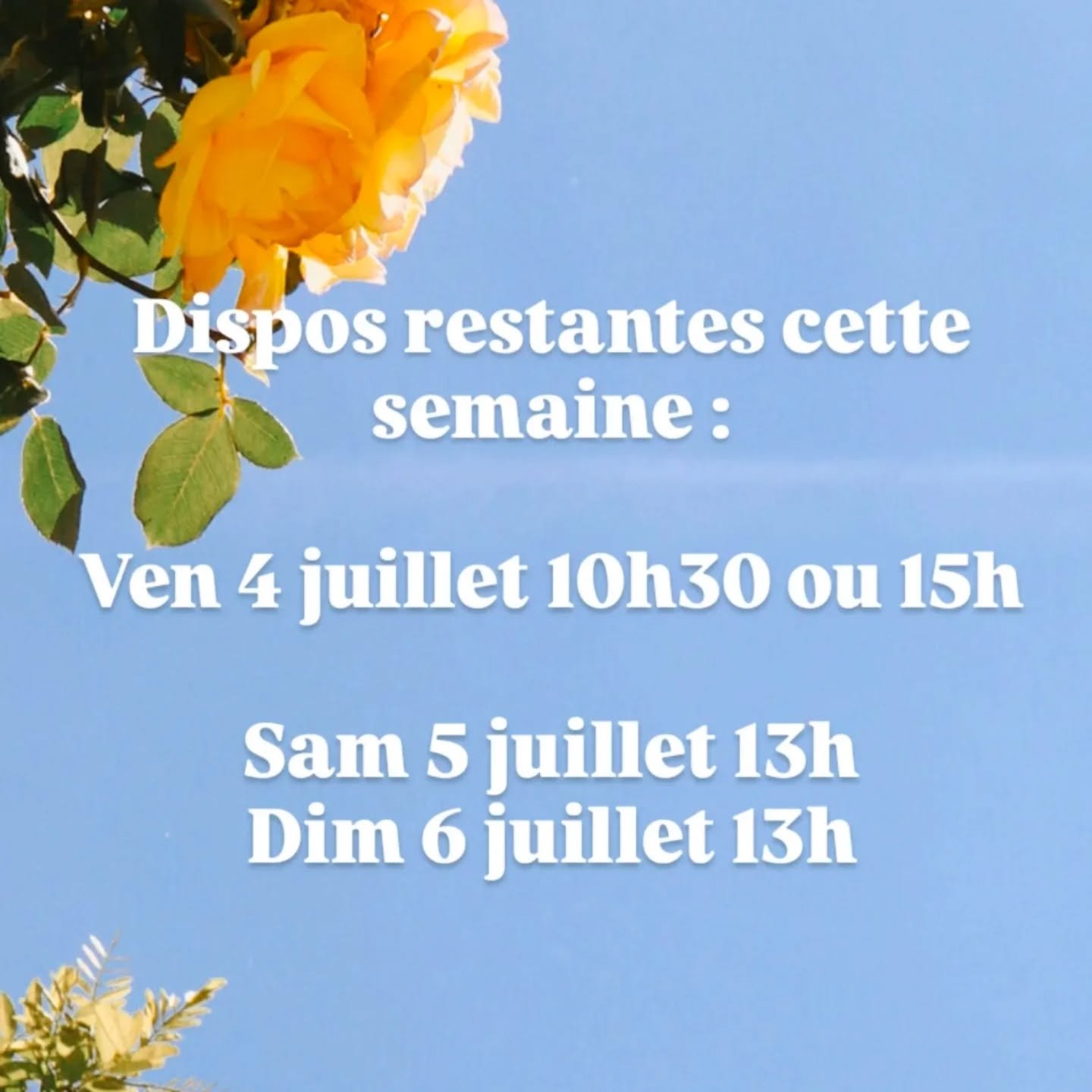Massoth&eacute;rapie - Dispos restantes cette semaine : 
Ven 4 juil complet
Sam 5 juil 13h
Dim 6 juil 13h

Plusieurs dispos aussi la semaine du 7 juillet ! 🙌