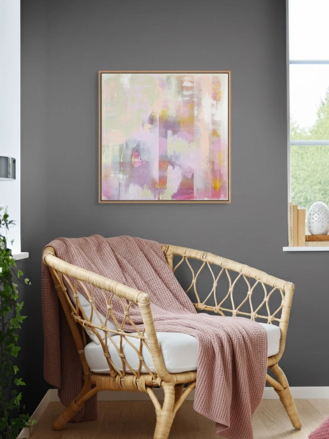 A blush-toned abstract brings lightness and calm to this cozy corner nook.
...
20&rdquo;x20&rdquo; acrylic and ink 
...
#originalart #bostonartist #calmingart #pinkartwork #cozyinterior #readingnook #pinkdecor #ihavethisthingwithpink #anniedamphousse