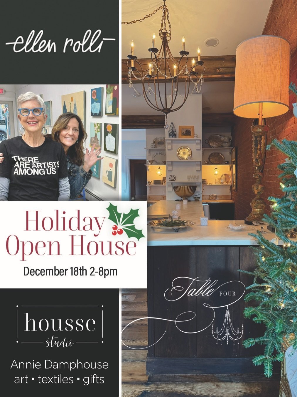 🎄 Holiday Open House &ndash; Next Thursday, December 18th!
&hellip;
Studio mates Annie Damphousse and Ellen Rolli are excited to open the studio for a special Holiday Open House next Thursday, December 18th! Come shop, browse artwork, and soak in so