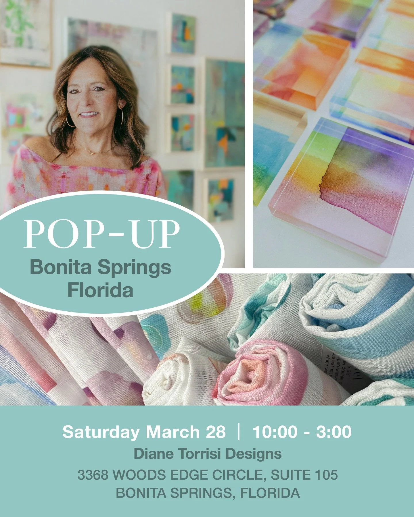 Join Boston artist and Fabric/Wallpaper designer Annie Damphousse for a fun and colorful Pop-Up shopping opportunity hosted by interior designer Diane Torrisi, at her beautiful new studio in Bonita Springs. Join us for light refreshments,  an opportu