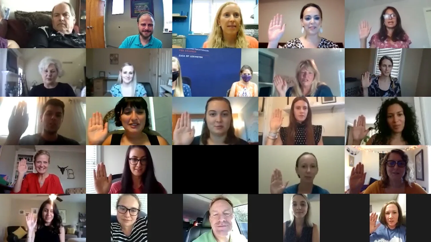 Family court Judge Traci Brislin, far left second from bottom, swears in new CASA volunteers on Aug. 24. The swearing in ceremony was held virtually over Zoom due to the pandemic.
