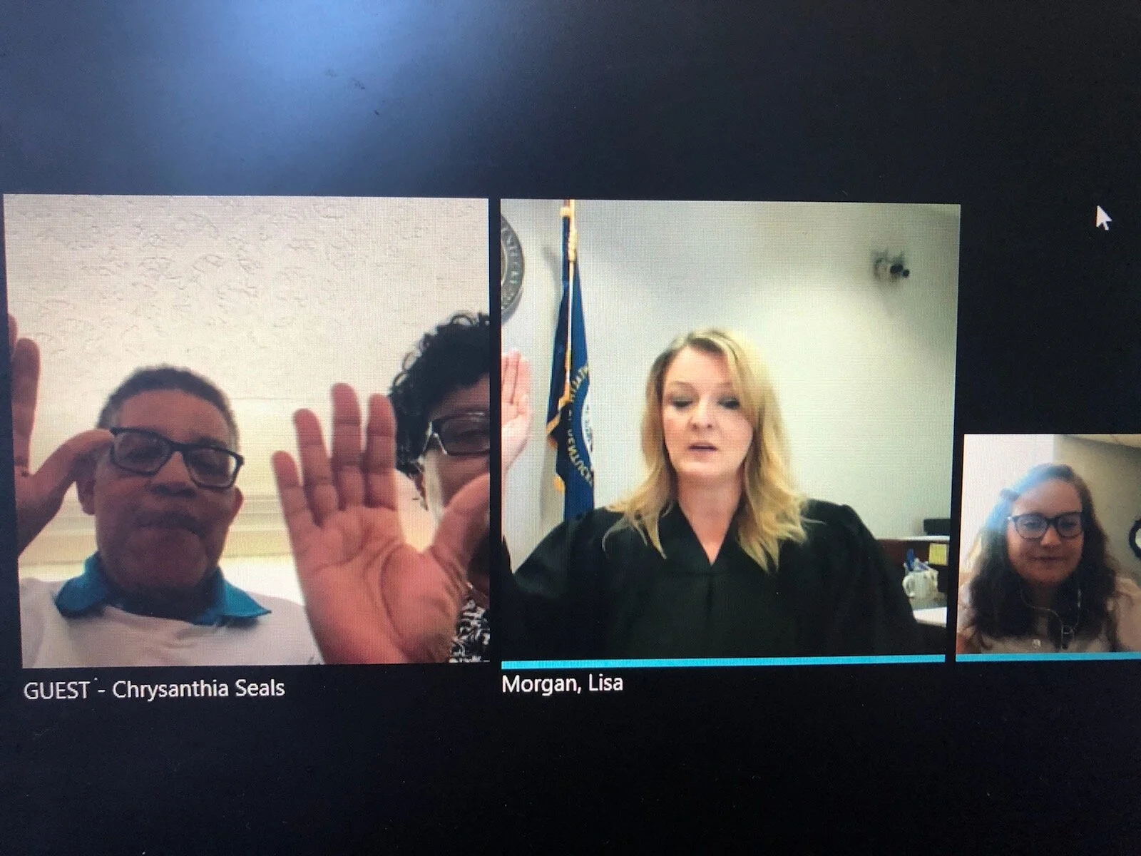 Alvin Seals and Rev. Chrysanthia Carr-Seals are sworn in by family court Judge Lisa Hart Morgan on June 2.