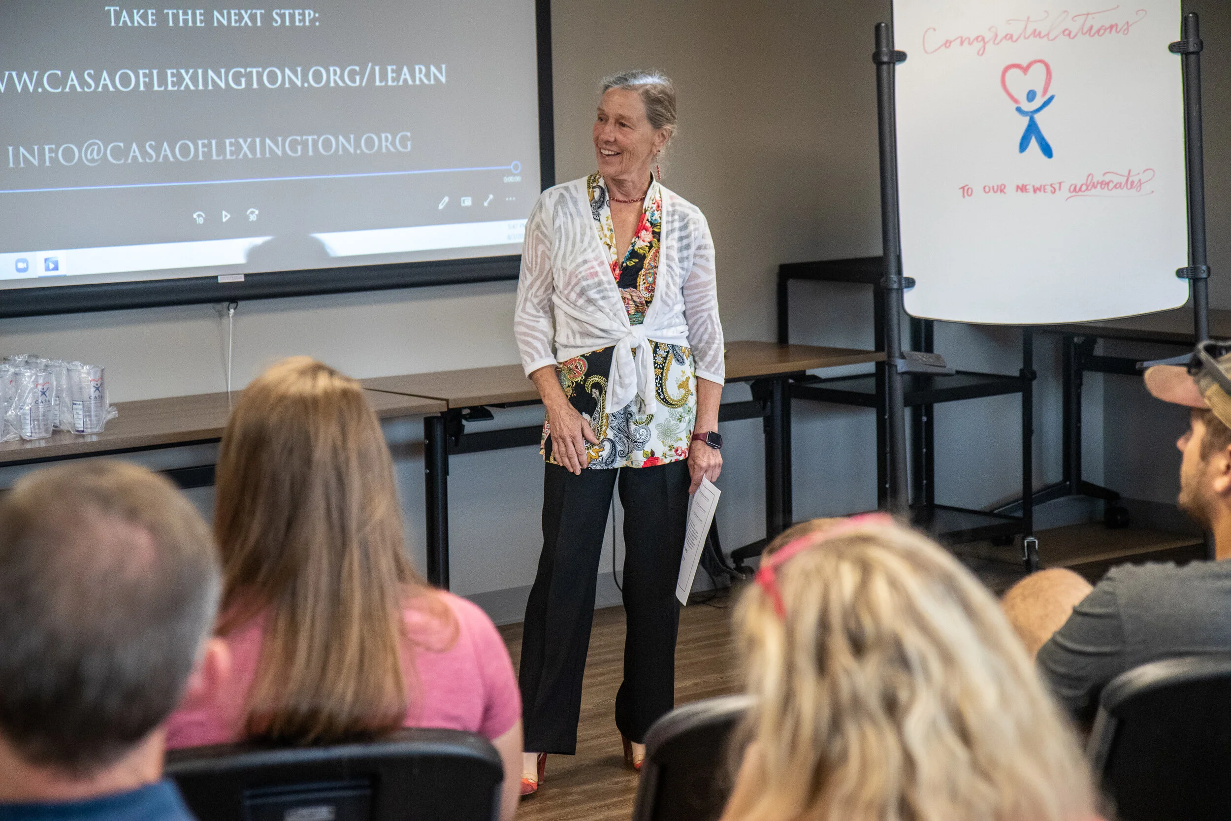 Fayette County Family Court Judge Lucinda Masterton talks to the newest CASA of Lexington volunteers during a swearing in ceremony on Aug. 3.