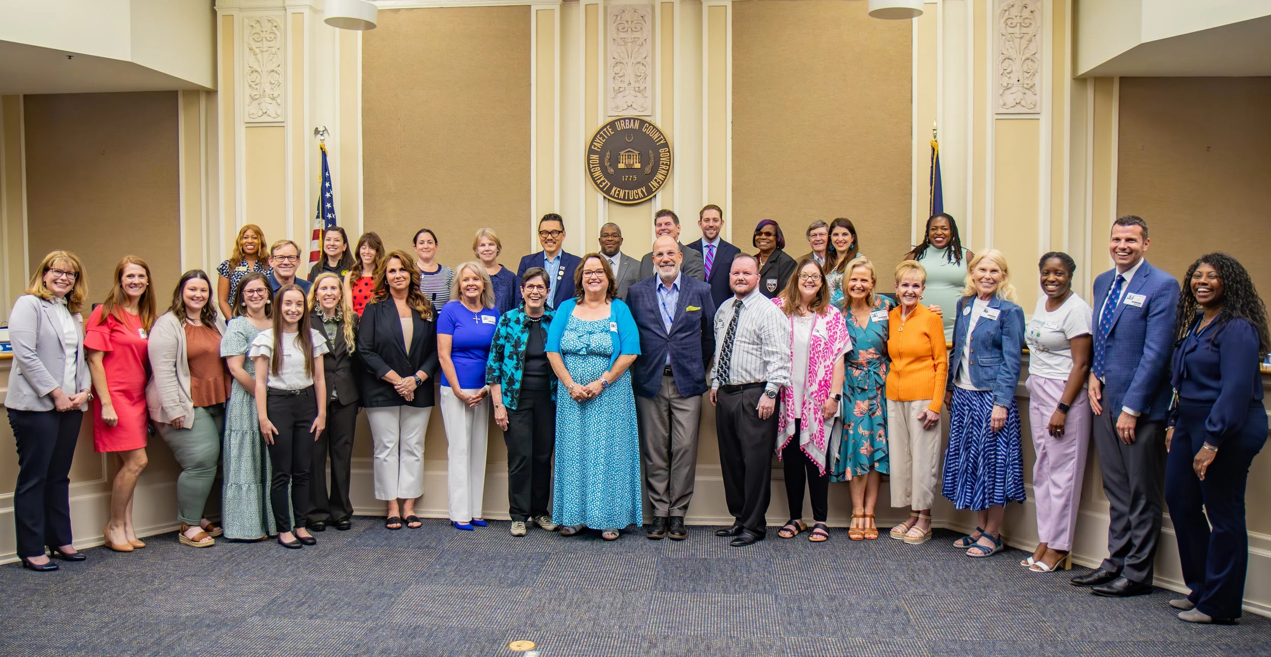 CASA volunteers who won 2023 Presidential Volunteer Service Awards pose for a photo with Lexington Mayor Linda Gorton, members of the Urban County Council, CASA staff and board members, and Fayette County’s four family court judges.