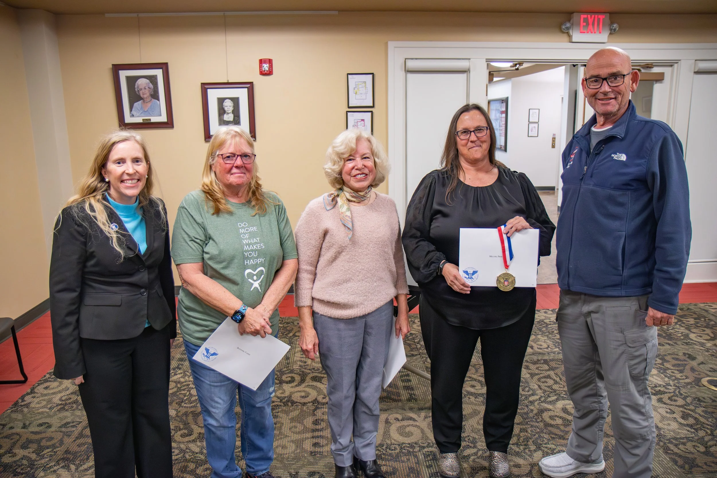 CASA Executive Director Melynda Jamison, Friend of CASA Cassie Bottoms, CASA Volunteer Judy Papania, CASA Volunteer Priscilla Miller, and Stanford Mayor Dalton Miller take a photo together after Bottoms, Papania and Priscilla Miller were presented with Presidential Volunteer Service Awards at the Stanford City Council meeting.