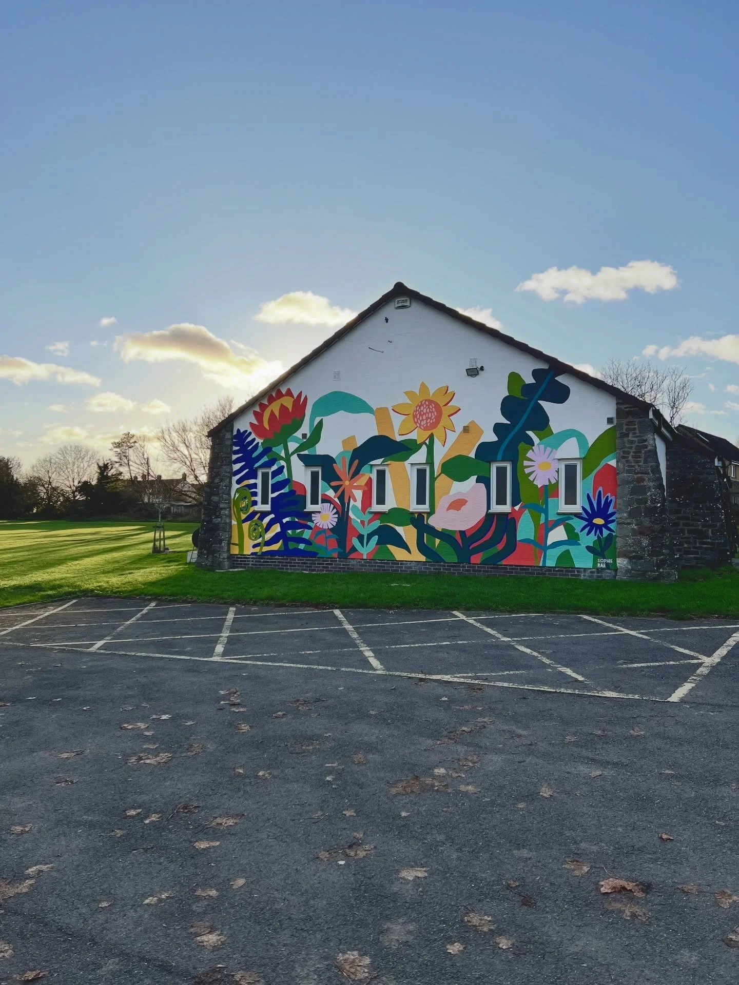 This wall can be found on Dundry Village Hall. A cute little village just south of Bristol. I painted this over a number weeks, a couple of days per week. The weather stalled us for a bit with lots of rain. And I finished painting last Thursday on a 