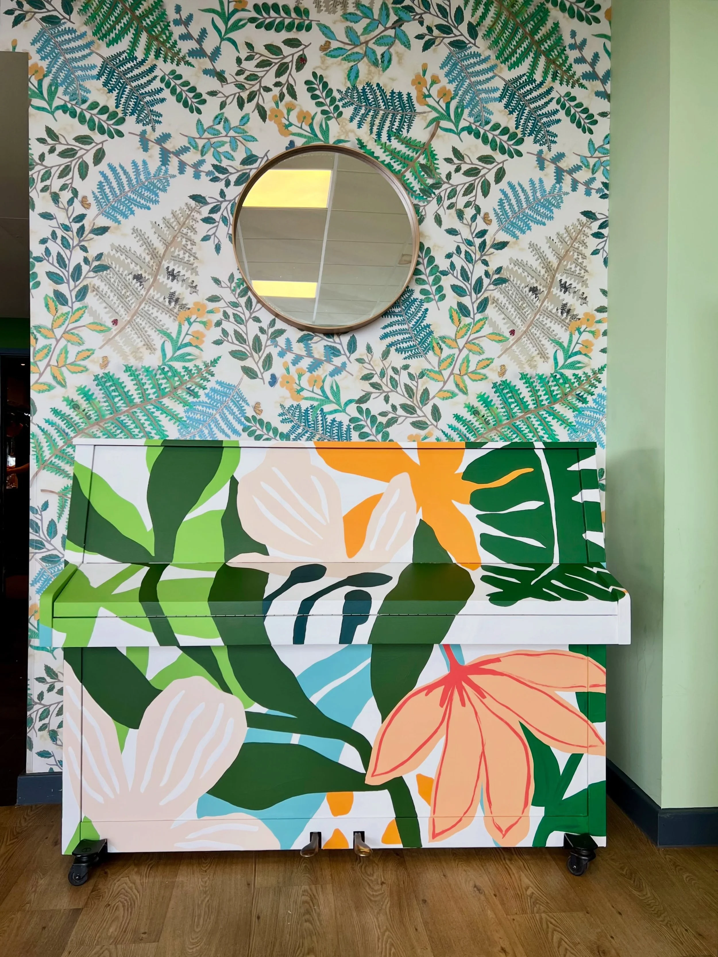 I got to paint a piano! For a hospital. It was a lovely thing to design something that would bend around different edges. A totally new 3d challenge, compared to the standard flat wall. 
Some challenges included making sure I got paint in all the rig