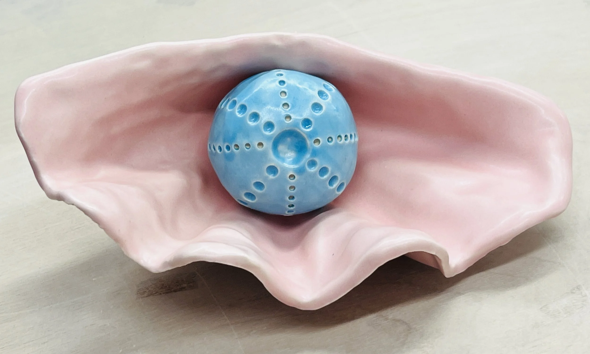 Little pink shell and blue sea urchin