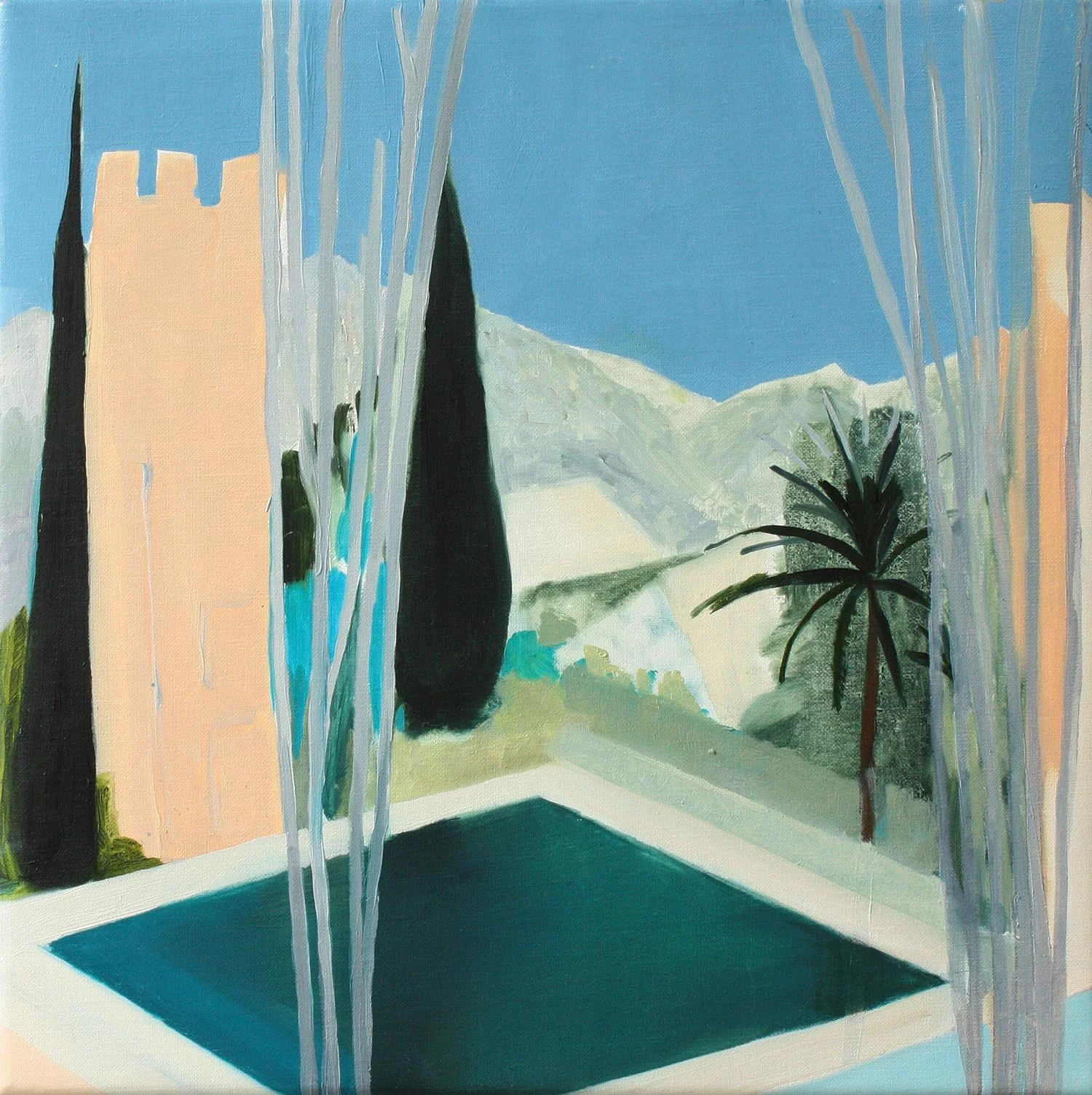Pool, tower and cypress tree