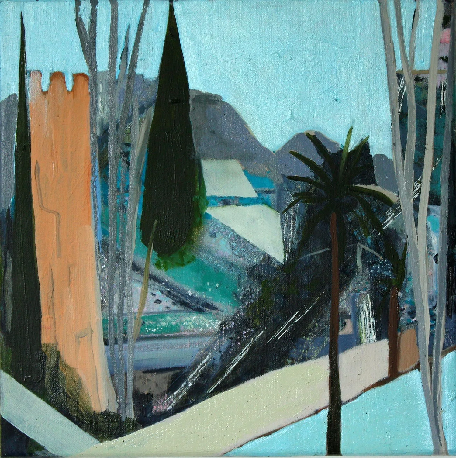Garden with tower, trees and pool