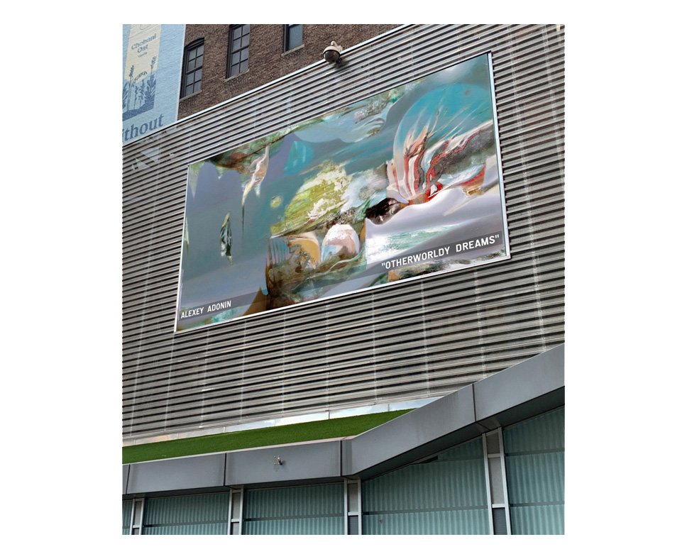 Angled view of Alexey Adonin’s artwork displayed on the outdoor screen at Big Screen Plaza, New York, 2023.