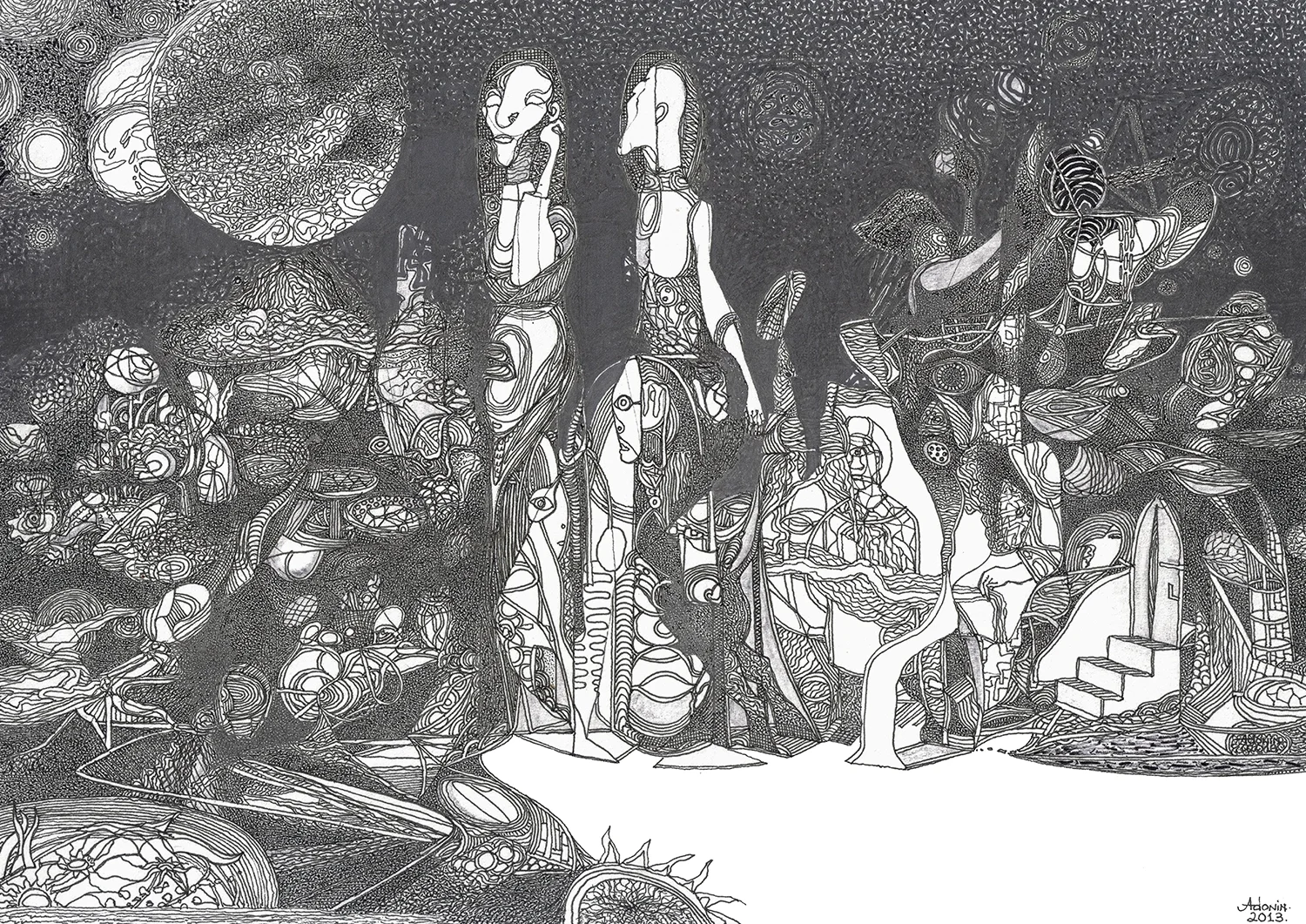 Under the Moonlit Sky
2013, Ink and marker on paper —
29.7 × 21 cm / 11.7 × 8.27 in
