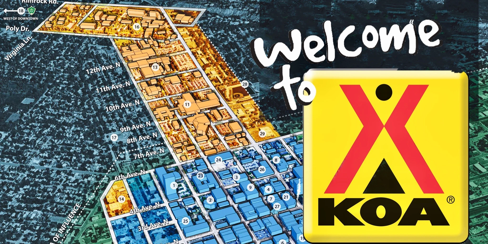 an overview of the development area for the downtown KOA kampground
