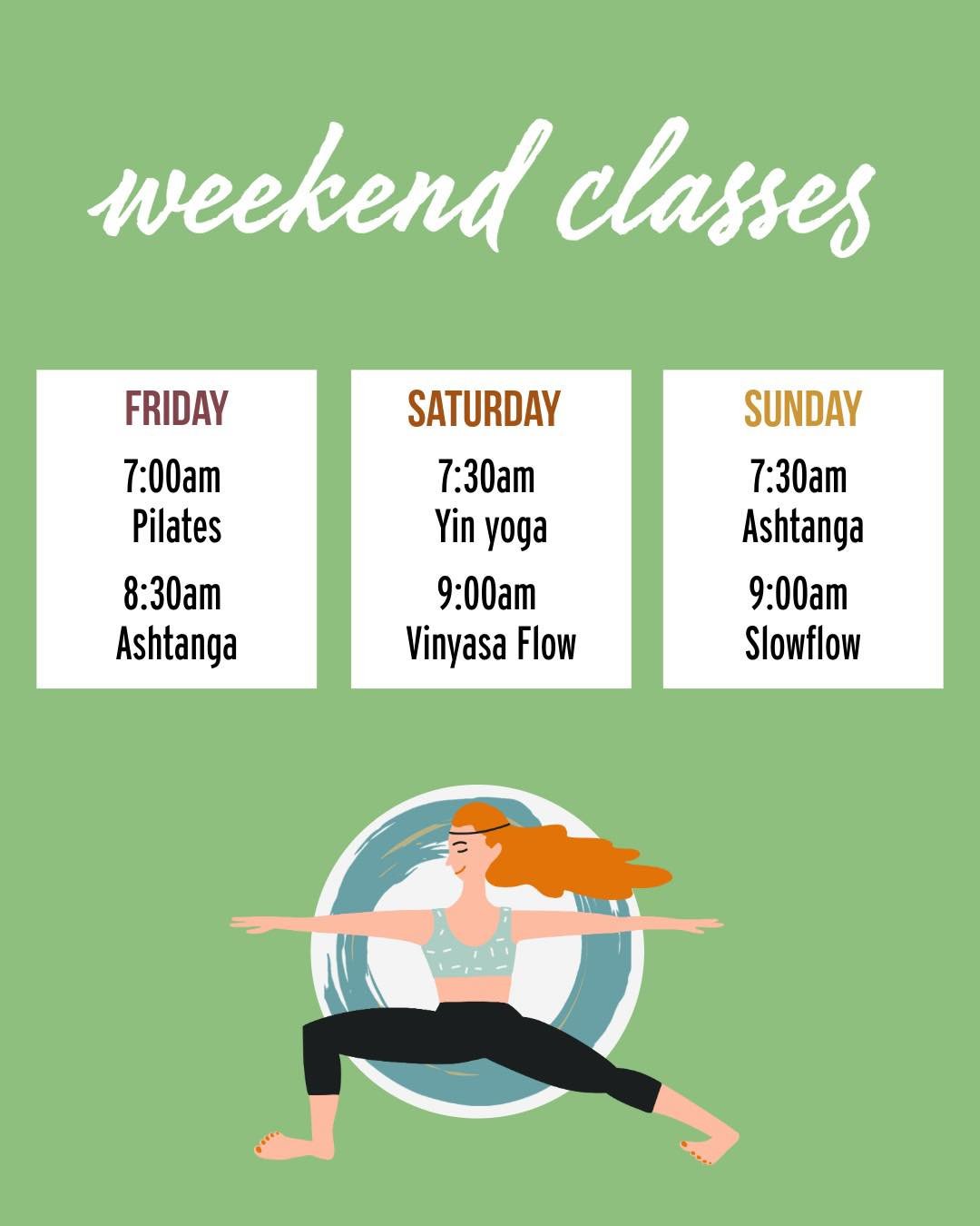 In the summer, the weekend starts on Friday! 😎

Join us Friday through Sunday for classes that ground, energize, and create space for whatever the weekend brings.

Whether you're easing into Friday or resetting on Sunday, we've got a class for you.
