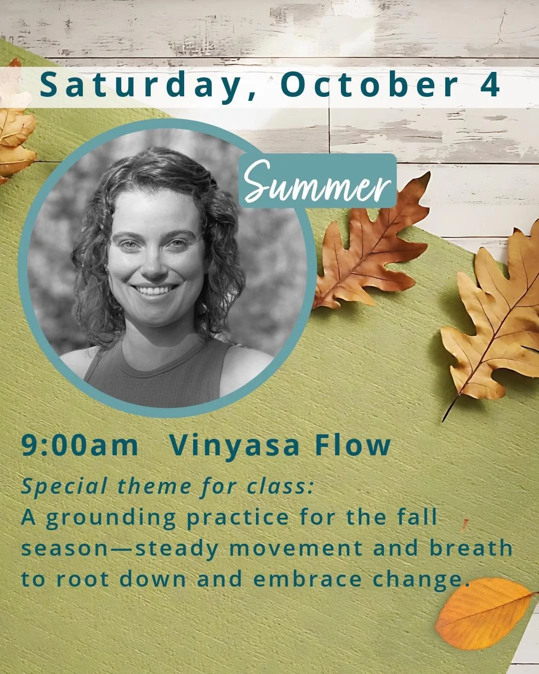 This weekend, we&rsquo;ll continue exploring the Heart Chakra while centering ourselves in the season of Fall.

✨Saturday✨- Yin and Vinyasa Flow
✨Sunday✨ - Ashtanga, Slowflow, Trailside Yoga