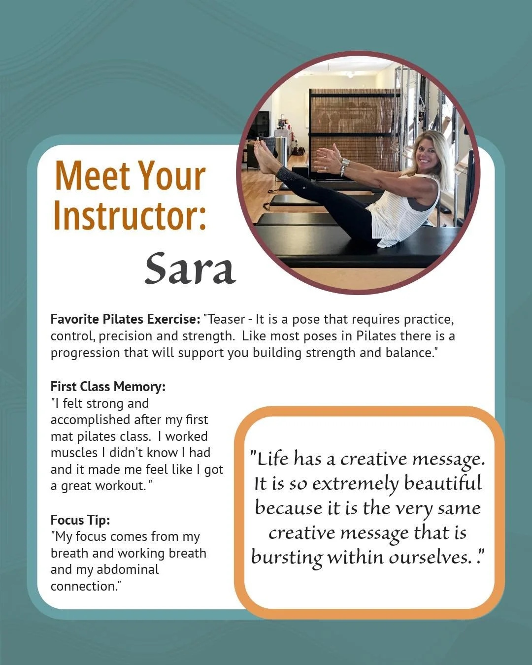 Today we are featuring one of our Pilates instructors, Sara. 
She teaches on Thursdays at 12:30pm - a great midday class to reset and reenergize your day!

💫 Favorite Pilates Exercise: &quot;Teaser - It is a pose that requires practice, control, pre