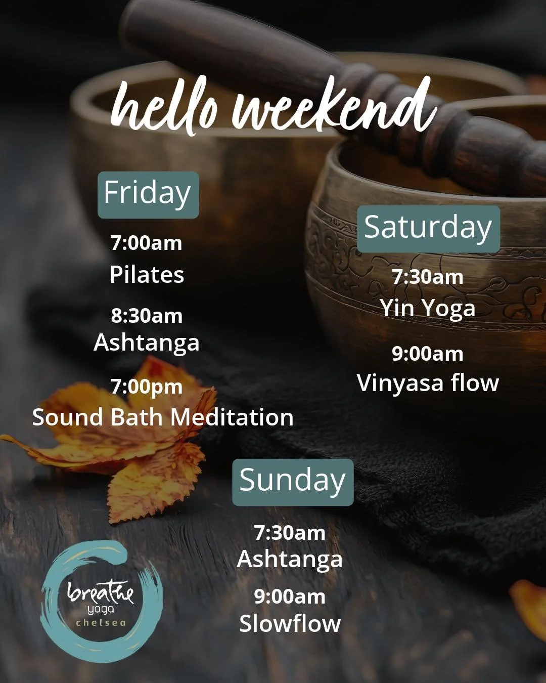 Begin your weekend with gratitude,
move with grounding,
and invite peace into every breath.

Join us for ✨Friday, Saturday, and Sunday✨ classes at Breathe &mdash; a space to reset, reconnect, and restore your energy.

Only a few spots left for the So
