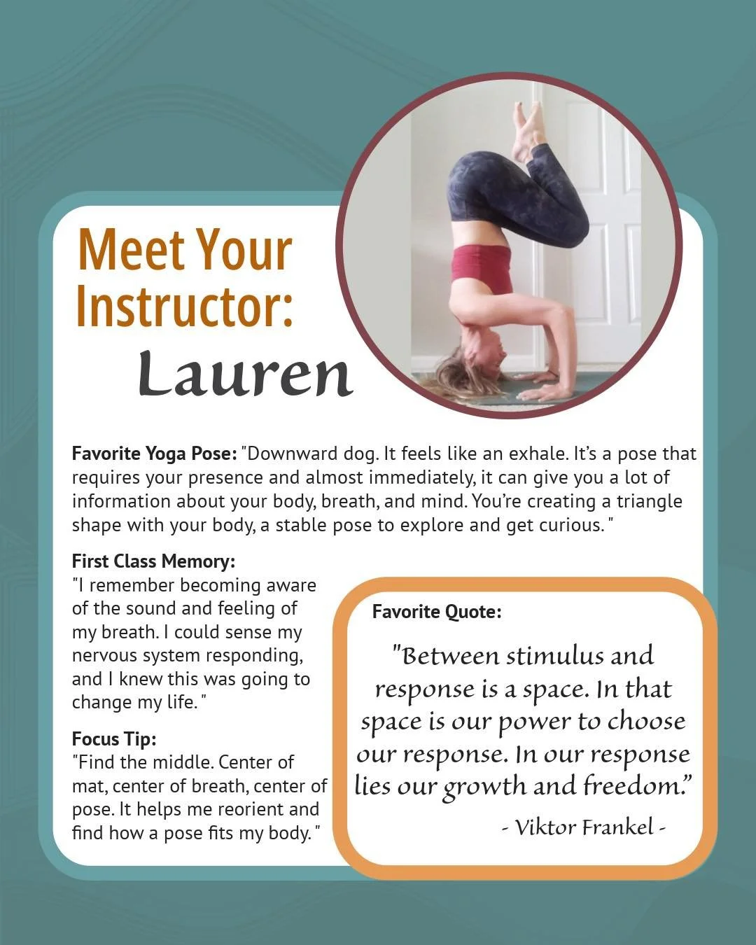 Our featured instructor this week is Lauren. She teaches Candlelit Yin on Thursdays at 7:30pm, and Slowflow on Sunday mornings at 9:00am.

💫 Favorite Yoga Pose: "Downward dog. It feels like an exhale. It&rsquo;s a pose that requires your presen
