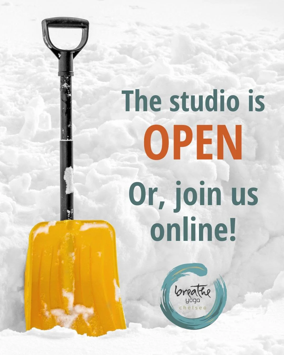 ❄️ Chelsea schools are closed (12/10), but we are OPEN for classes. 
If you can make it safely to the studio, please come in. If you prefer to stay right where you are, join us online.