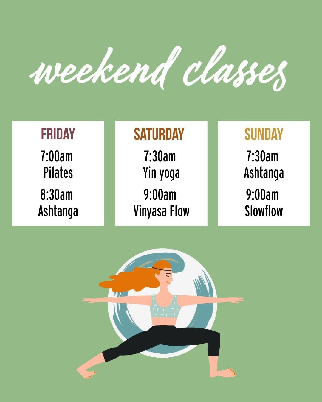 Weekend mode starts Friday.

The weather may feel all over the place, but you don&rsquo;t have to.
Start your weekend mornings with us!

Find your center. Find your grounding.
Meet us on the mat just as you are.