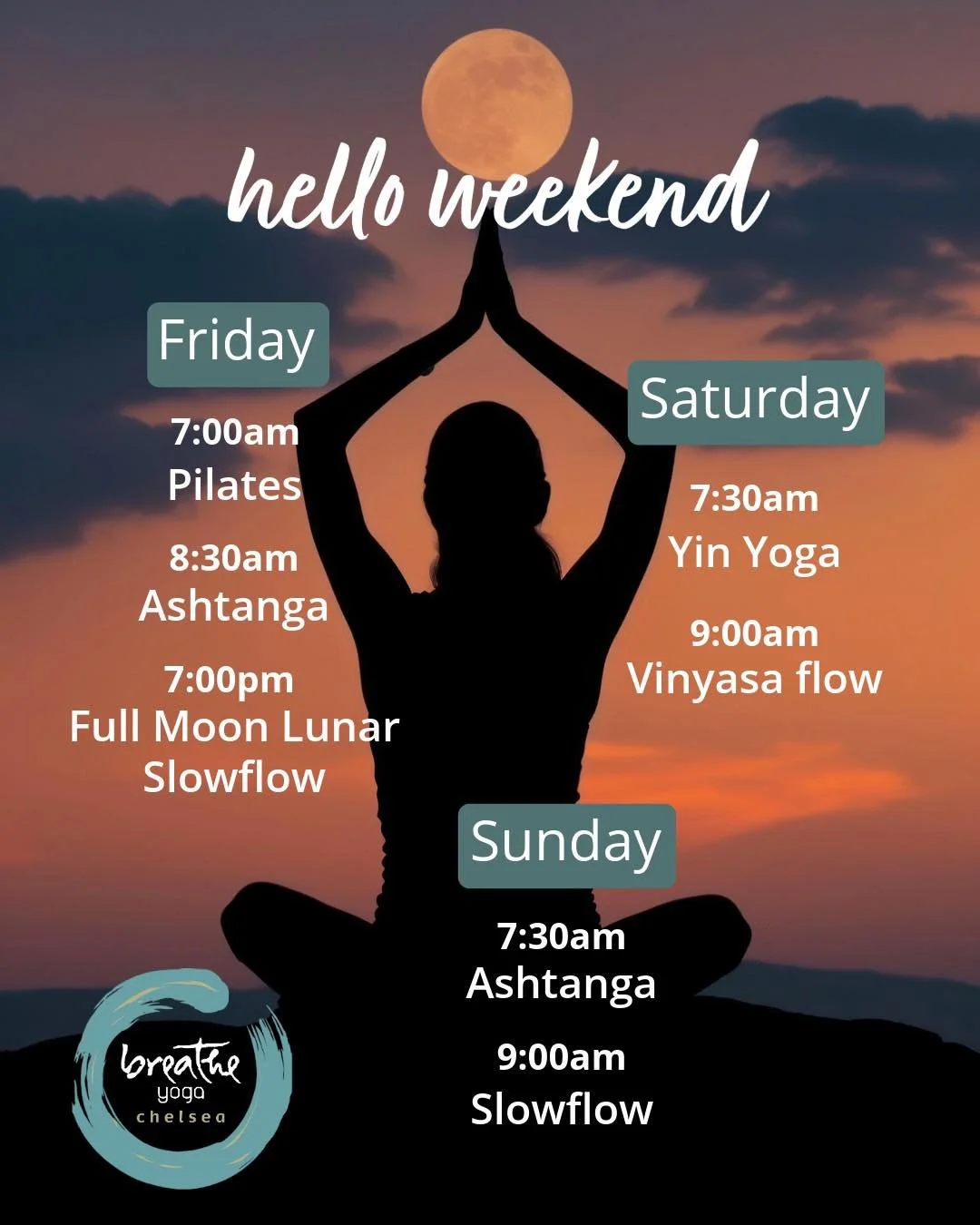 Weekend yoga is calling!
Join us ✨Friday - Sunday✨ and make time to reset on your mat.

🌕 Full Moon Lunar Slowflow &mdash; Friday at 7:00pm
Connect with the energy of the upcoming Worm Moon.

Plus morning classes Saturday &amp; Sunday to keep the go