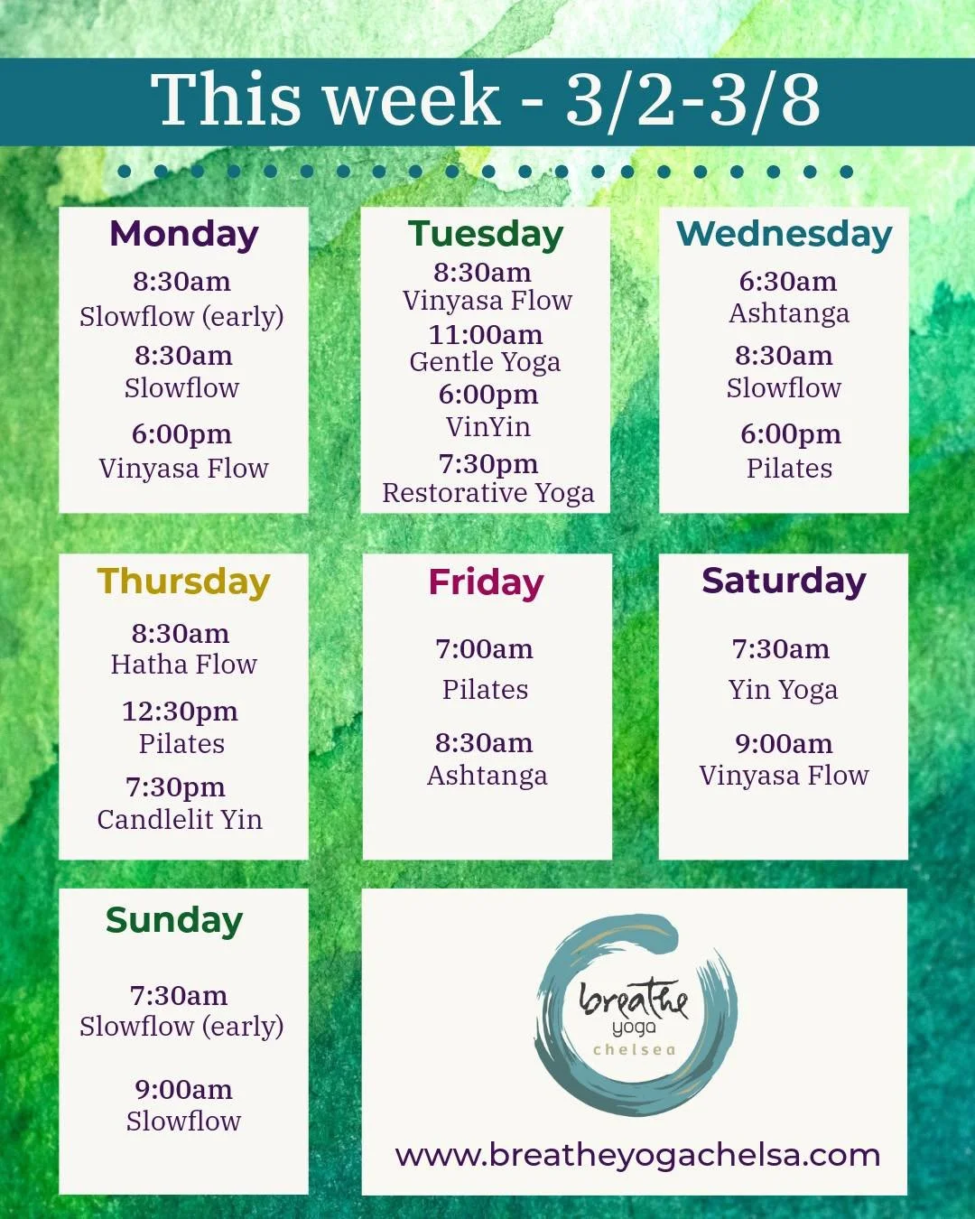 Schedule for the First Week of March 🌿

The rhythm of the week stays mostly the same &mdash; with two small updates to note:

&bull; No Thursday 6:30am VinYin this week

&bull; Sunday at 7:30am:
Slowflow will be offered instead of Ashtanga.

Everyth