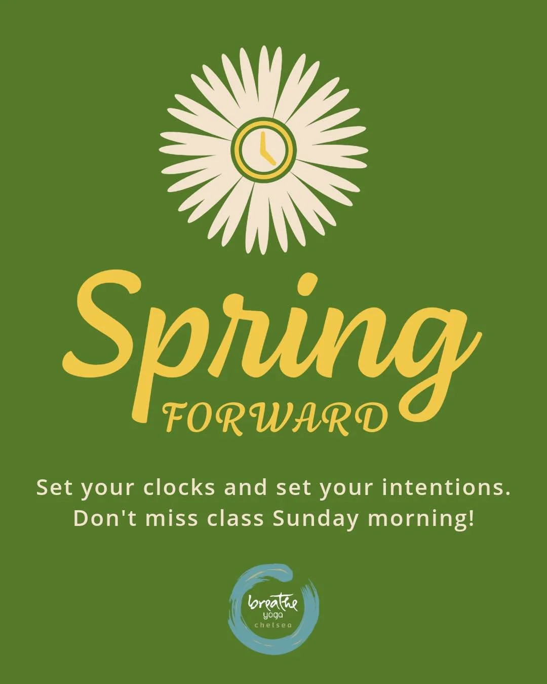 Spring ahead Saturday night! ➡️

Longer days are coming, and what better way to greet them than with breath, movement,  and a little community.

Start your Sunday morning with us 🐣