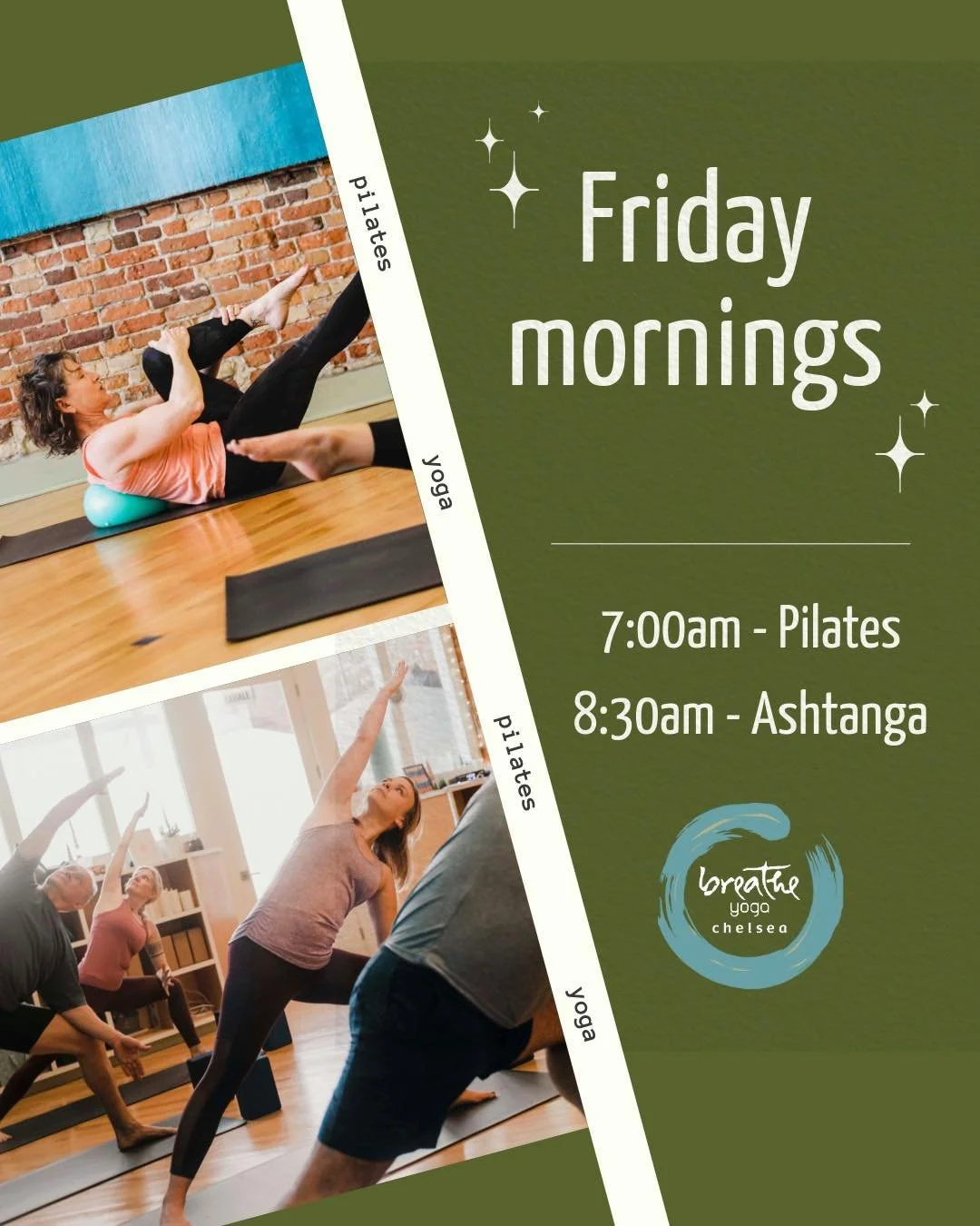 Friday classes to ground and strengthen before the weekend.

Pilates + Ashtanga

Mat Pilates builds core strength, supports posture, and keeps movement low-impact and intentional.

Ashtanga is a foundational practice&mdash;breath and movement linked 