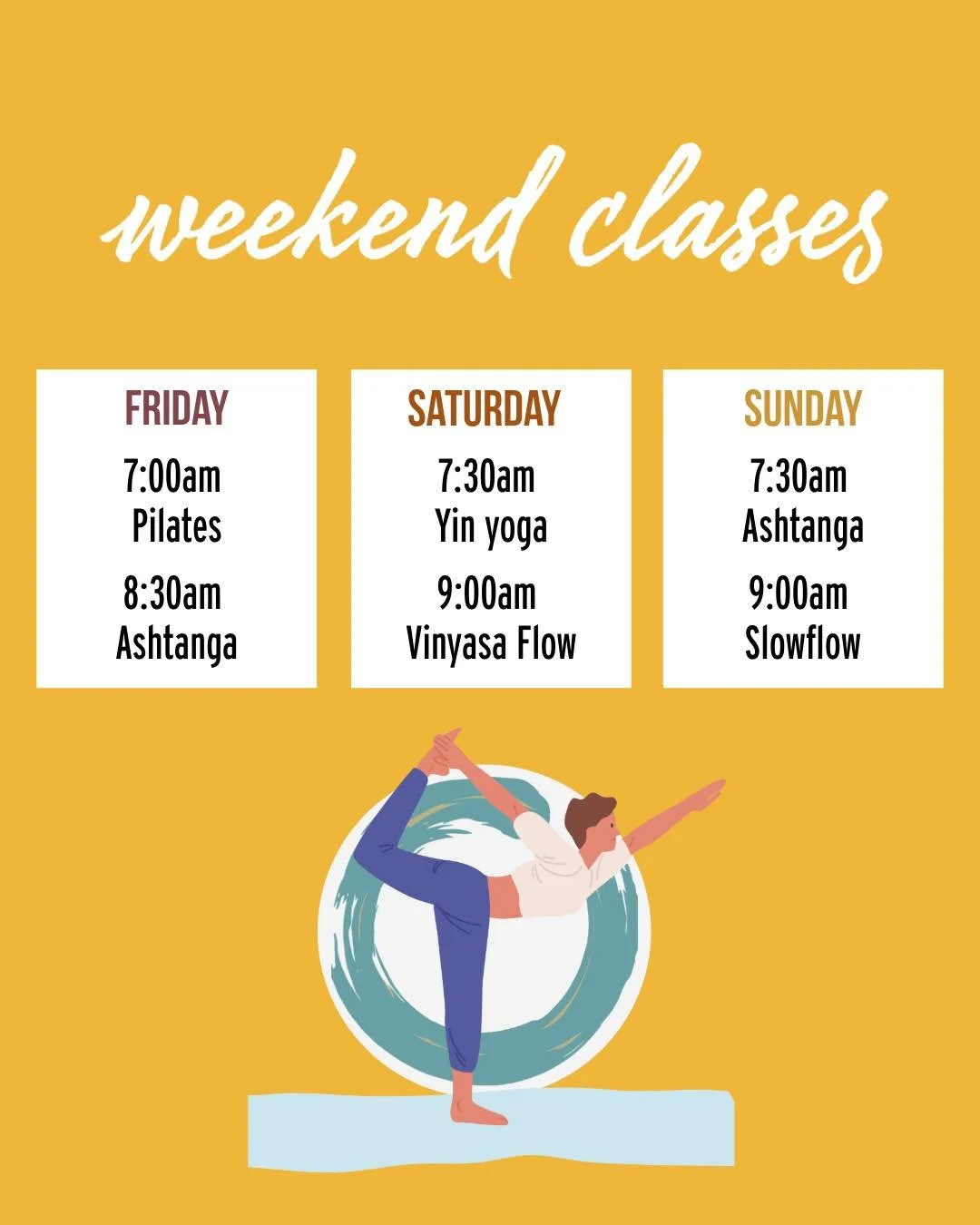 Let the weekend energy begin on Friday!

Ease into this last stretch of April with movement, breath, and intention.
Join us ✨Friday through Sunday✨ to stretch, strengthen, and slow down - whatever your body is asking for.

As the season shifts, let y