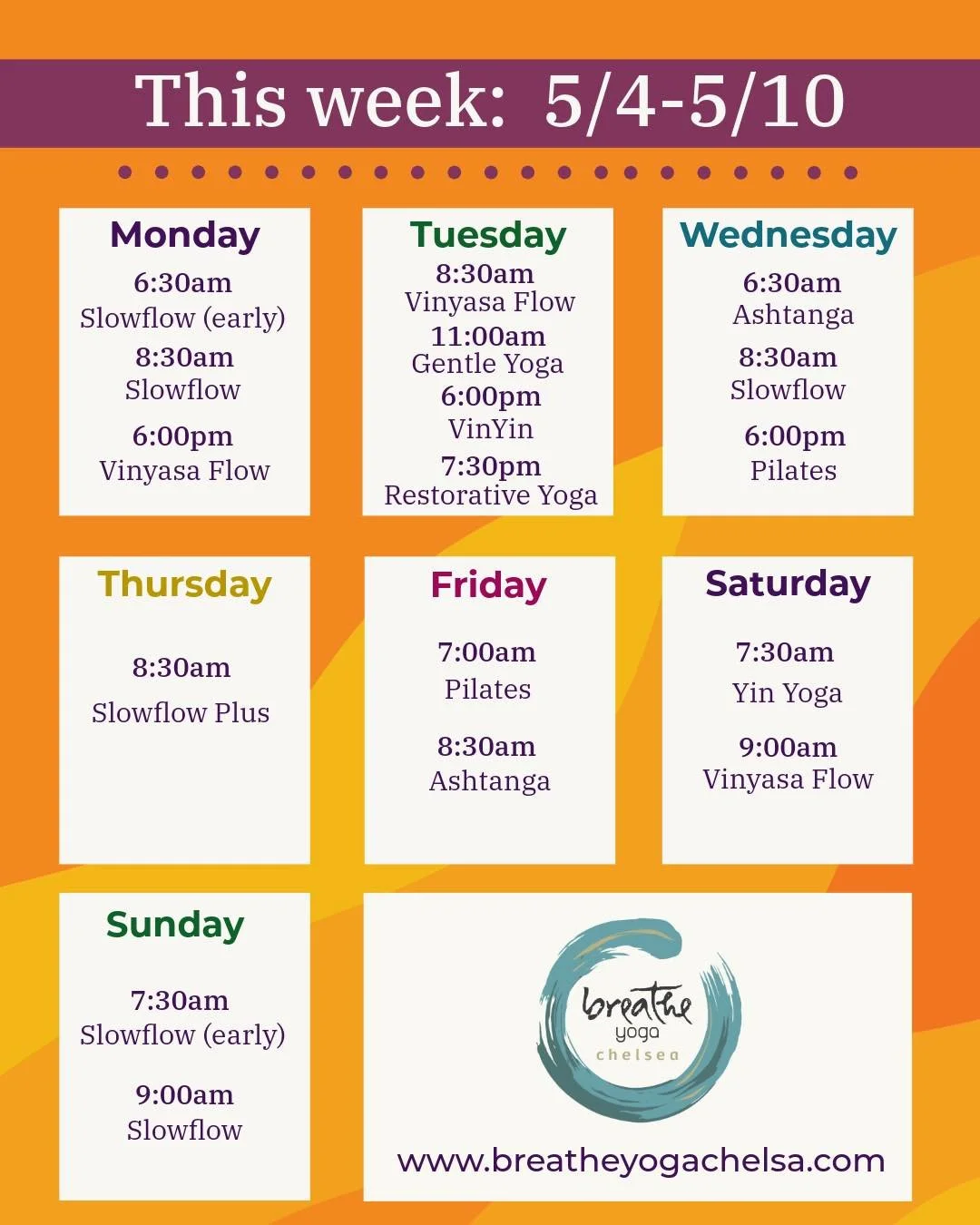Week of 5/4&ndash;5/10 ✨

Here&rsquo;s your schedule for the week ahead. A few small adjustments, so take a look and plan your practice.

From energizing mornings to grounding evening classes, there&rsquo;s space for you to move, breathe, and reset -