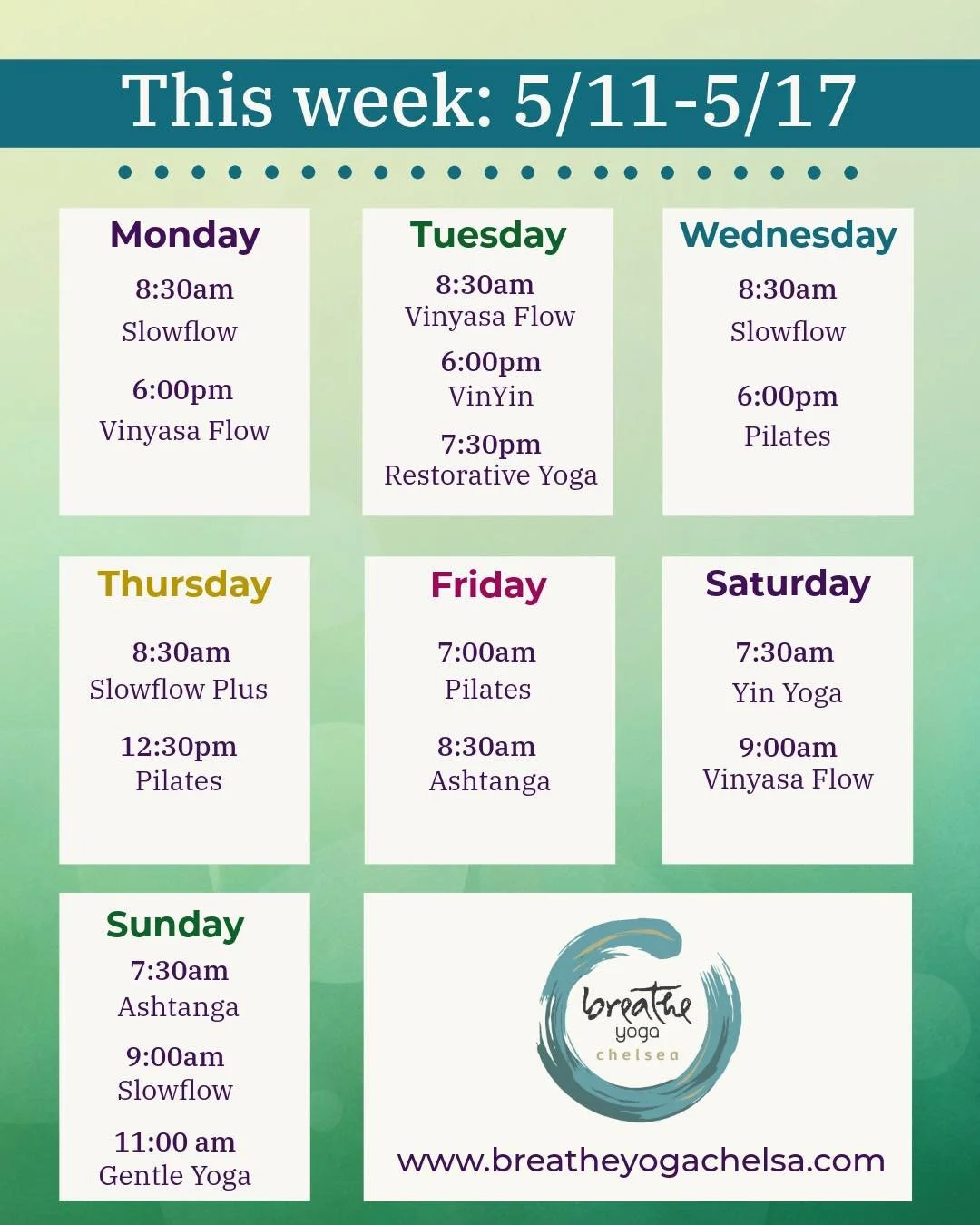 Week of 5/11&ndash;5/17 ✨

We&rsquo;re taking a short break from some of the early morning classes this week - they&rsquo;ll be back next week!

Take a look at the schedule and plan your practice in a way that supports you right now.

And don&rsquo;t