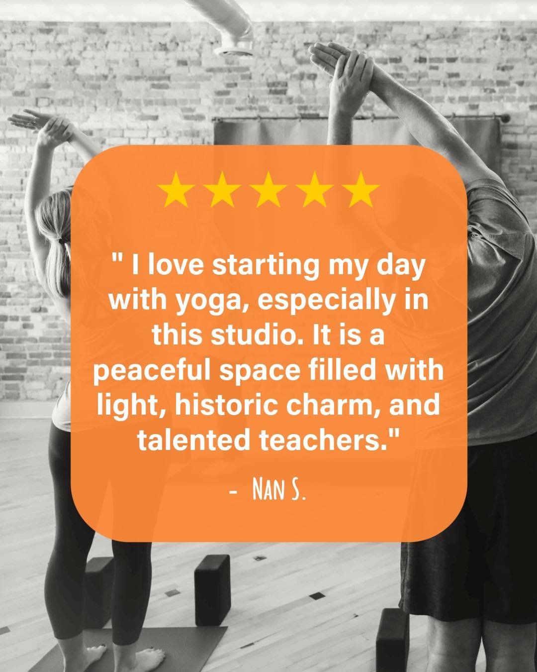 🌟 Breathe Reviews

"I love starting my day with yoga, especially in this studio. It is a peaceful space filled with light, historic charm, and talented teachers.&rdquo; &ndash; Nan S.

We never take your kind words for granted and are endlessly