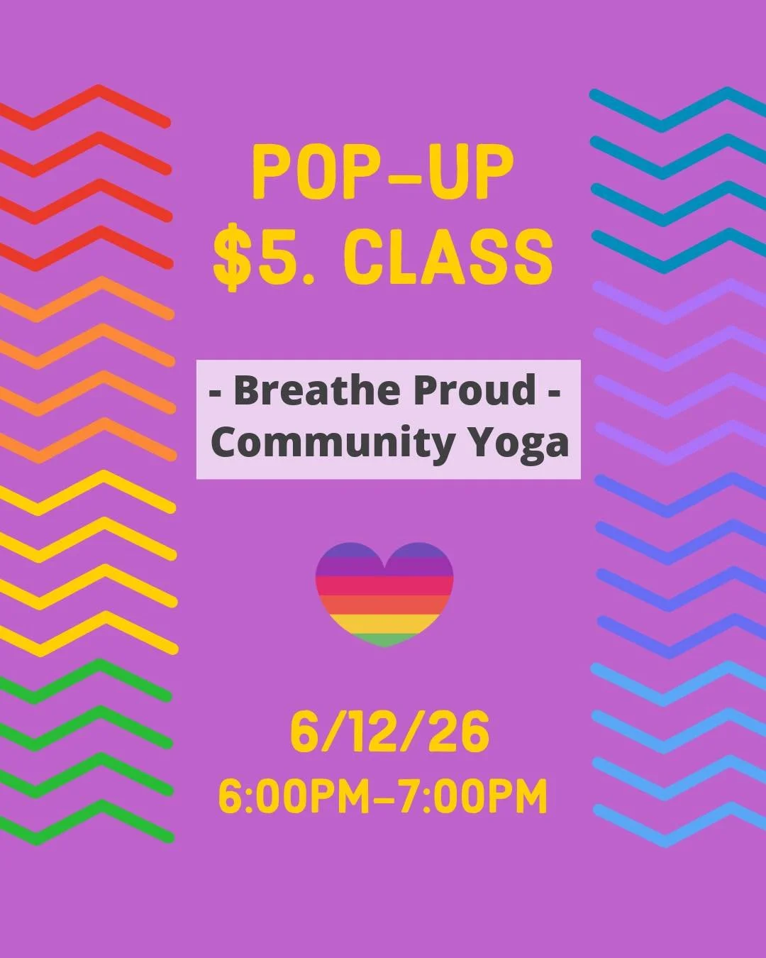 🌈 Breathe Proud Community Yoga 🌈

Join Leigh this Friday, June 12, from 6:00&ndash;7:00 PM for a special Community Yoga class.

At Breathe, we believe yoga is for every body. This welcoming all-levels class celebrates acceptance, compassion, connec