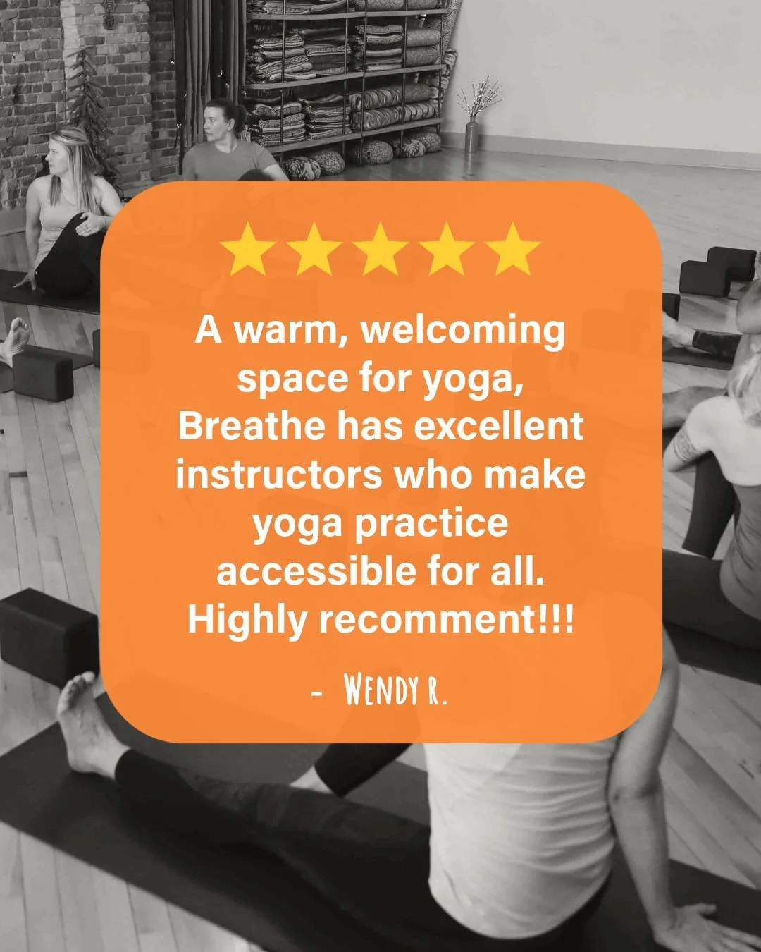 🌟 Breathe Reviews

"A warm, welcoming space for yoga, Breathe has excellent instructors who make yoga practice accessible for all. Highly recommend!!!" - Wendy R.

Thank you to our amazing community for trusting us with your practice and a