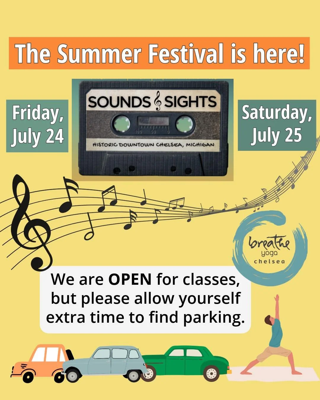 The Sounds &amp; Sights Festival is happening this Friday, July 24 &amp; Saturday, July 25! 🎶

Start your morning with us at Breathe, then head out to enjoy everything the festival has to offer. Taking an early class is also a great way to beat some
