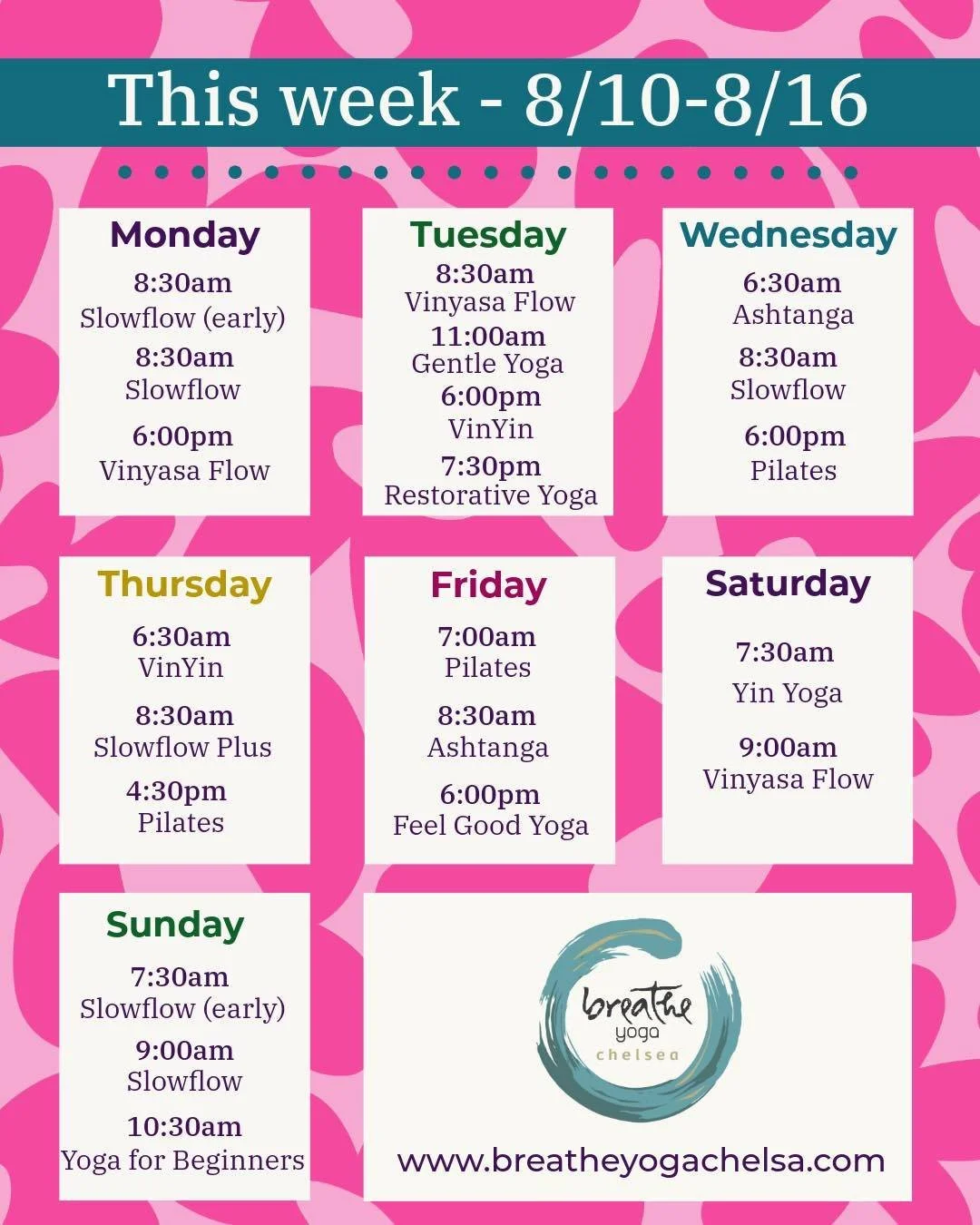 ✨This Week on the Mat✨

Monday through Sunday, there&rsquo;s a class for you!

Start strong. Slow down. Stretch it out. Build strength. Find your balance. Breathe deep.

Whatever your week looks like, make some time for yourself.

Join us on the mat!