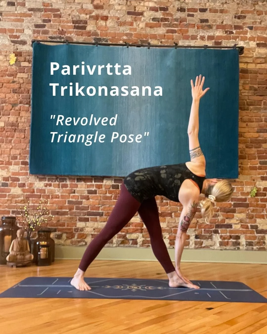 Parivrtta Trikonasana | Revolved Triangle

Parivrtta = revolved, turned around
Trikona = triangle
Asana = pose

A strong standing pose with a little bit of everything: grounding, balance, length, and rotation.

The placement of the feet is an importa