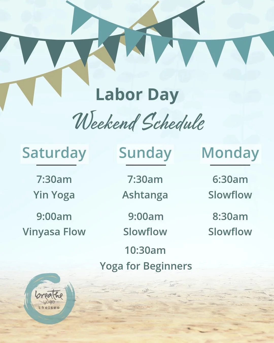Labor Day Weekend at Breathe 🧘&zwj;♀️

Enjoy your long weekend and make a little time for yourself on the mat.

Saturday &amp; Sunday: Classes run as usual!
Monday: Morning classes only.
(Our evening Vinyasa will be back next week.)

Take a breath, 