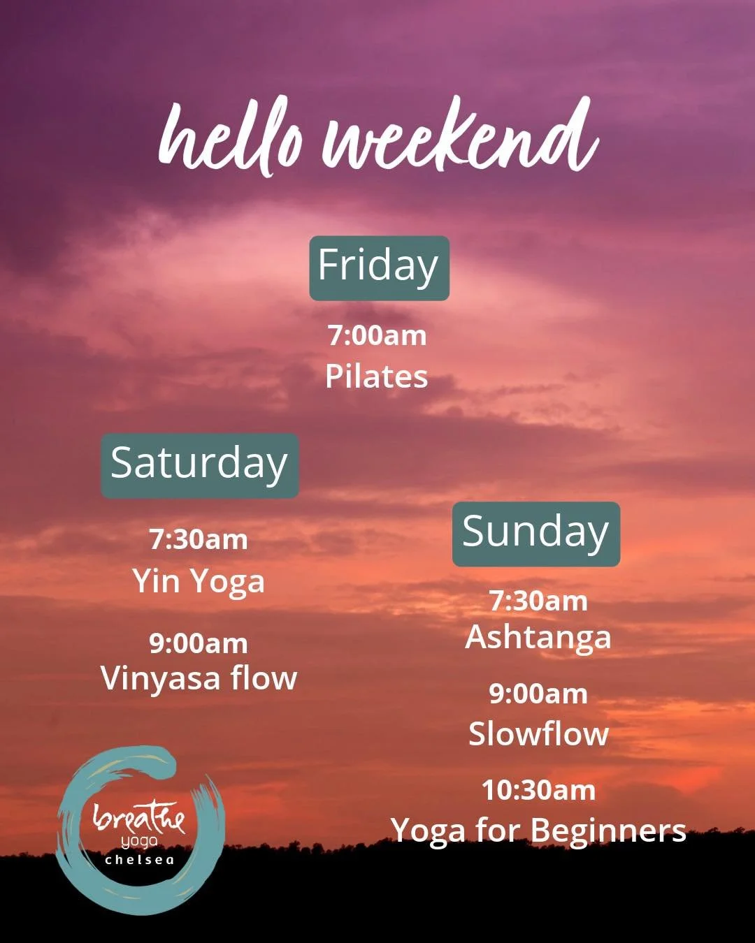 Reset this weekend with Pilates and Yoga.

Friday&ndash;Sunday Schedule
Our regular schedule continues, with one exception: No Ashtanga on Friday. All other classes remain the same.

Join us on the mat!