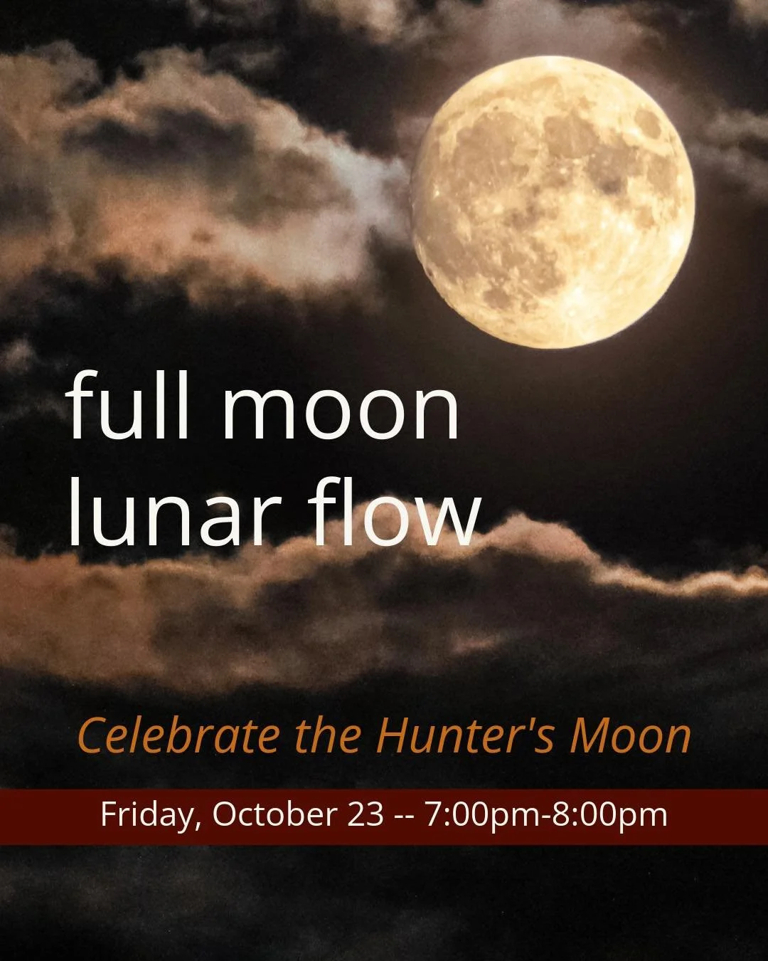 Hunter&rsquo;s Moon Lunar Slow Flow
Friday, 7:00-8:00pm

Join @lisarene_20 for Lunar Slow Flow as we welcome the season of the Hunter&rsquo;s Moon.

As the days grow shorter and autumn settles in, we&rsquo;re reminded that not everything is meant to 