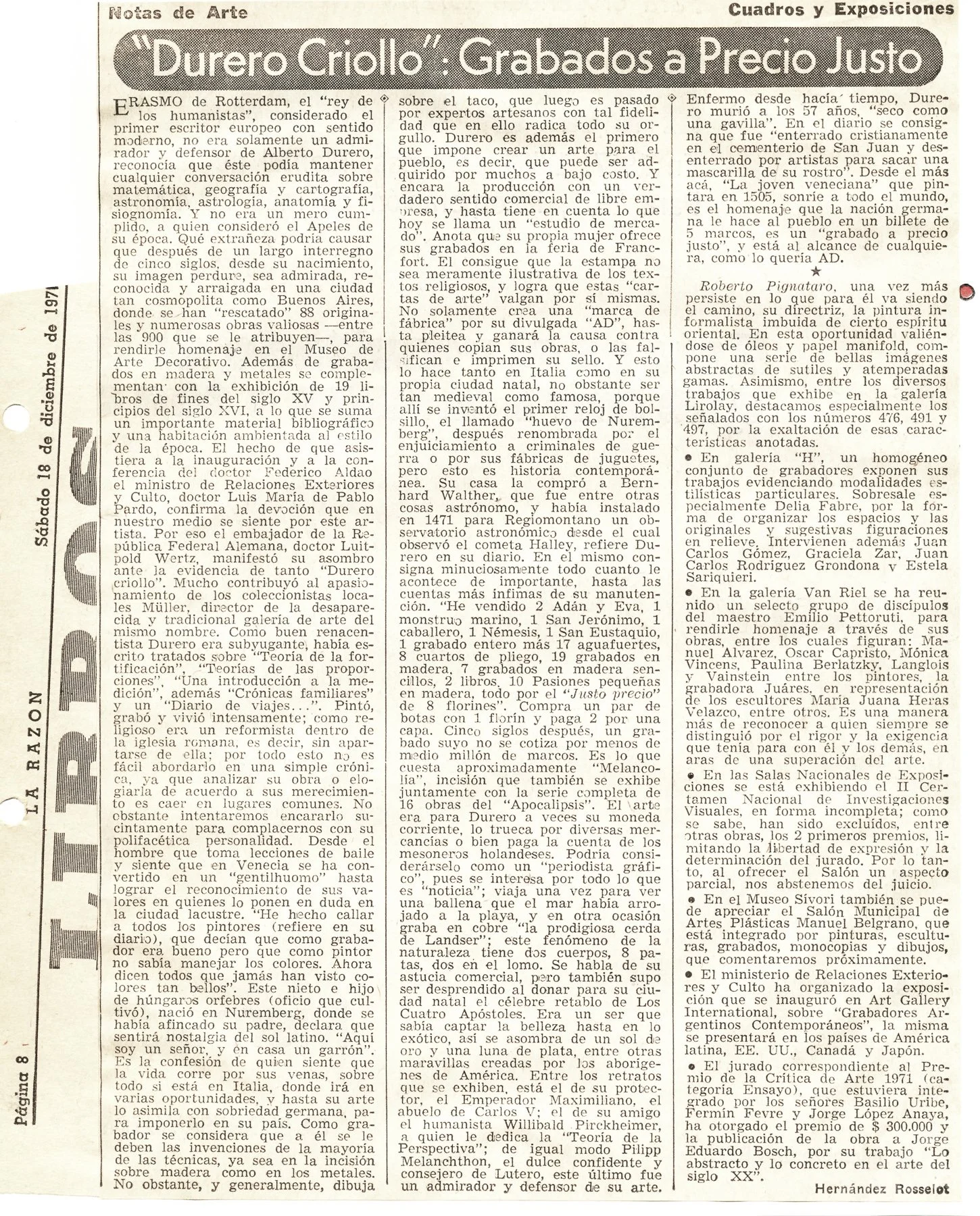 Hernández Rosselot, “Durero Criollo: Grabados a Precio Justo.” La Razón (Buenos Aires), December 18, 1971, “Notas de Arte — Cuadros y Exposiciones,” p. 8.